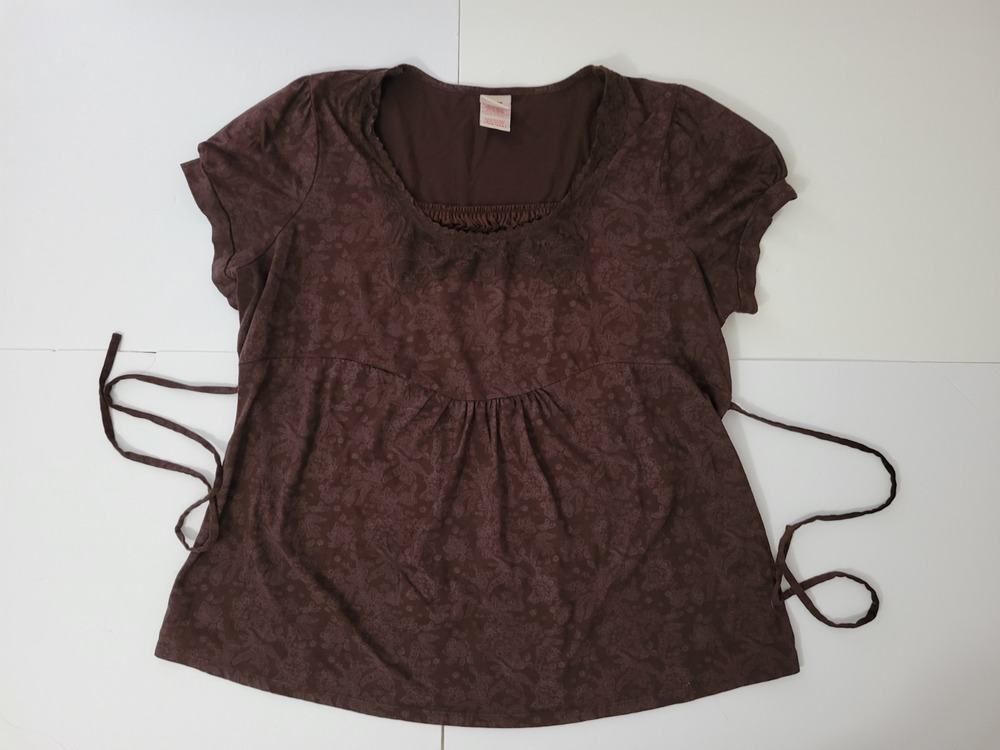 Faded Glory Womens 2X Brown Floral Tie Back Peasant Top Short Sleeve Boho